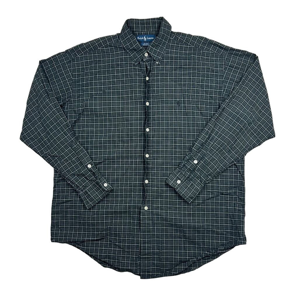 Vintage Polo Ralph Lauren Blake Shirt Men L Dark Gray Green Grid Check Button Up